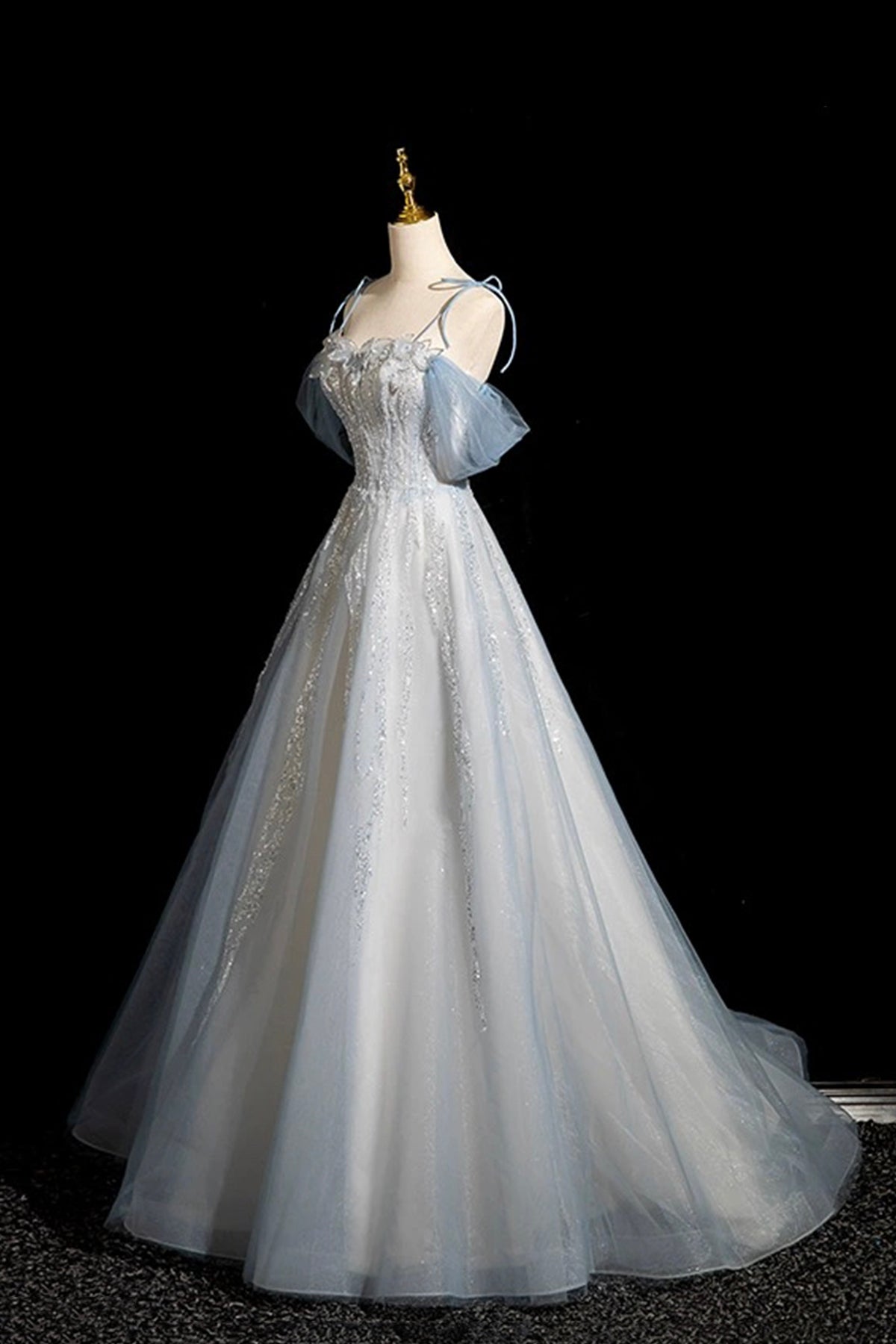 Blue Tulle Sequins Long Prom Dress, Shiny A-Line Party Dress