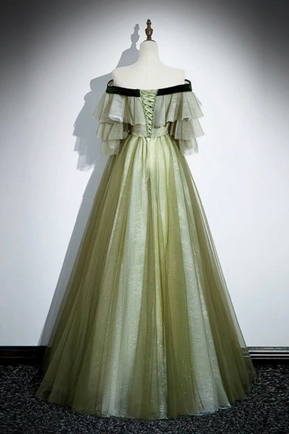 Green Tulle Sequins Long Prom Dress, Off the Shoulder A-Line Evening Dress