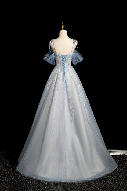 Blue Tulle Sequins Long Prom Dress, Shiny A-Line Party Dress