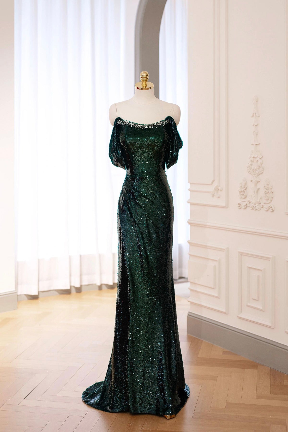 Green Sequins Long Prom Dress, Mermaid Off the Shoulder Party Dress