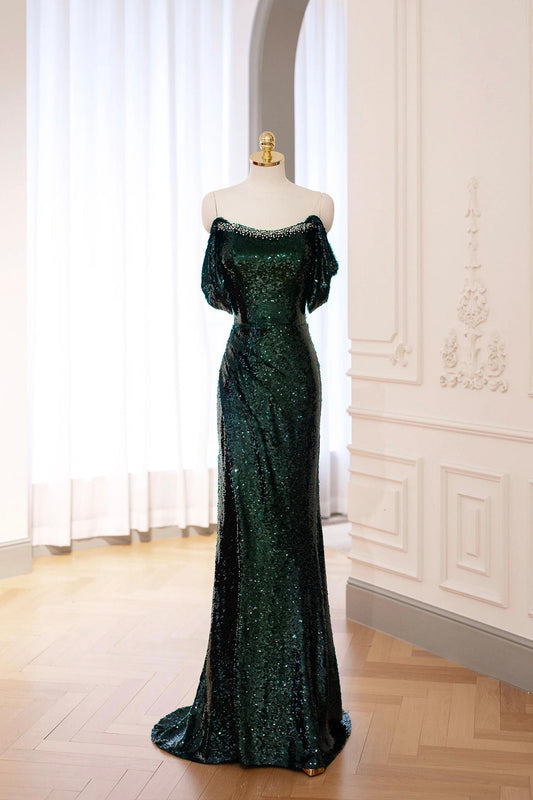Green Sequins Long Prom Dress, Mermaid Off the Shoulder Party Dress