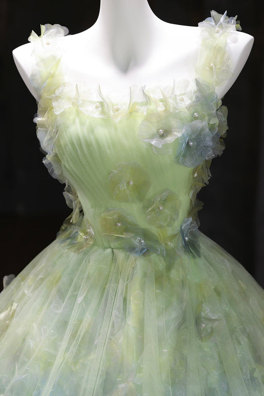 Green Tulle Long Prom Dress, Beautiful A-Line Strapless Evening Dress