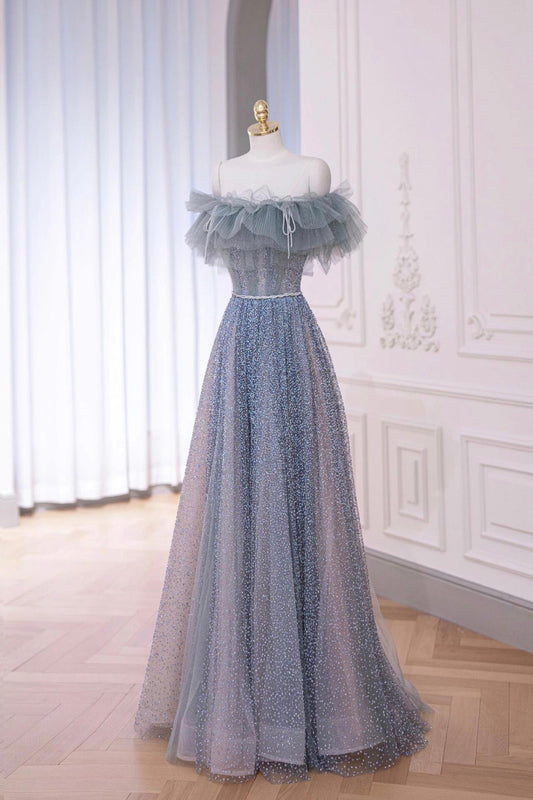 A-Line Tulle Long Blue Prom Dress, Beautiful Off the Shoulder Party Dress