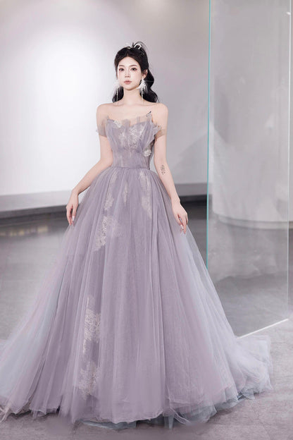 Light Purple Tulle Lace Long Prom Dress, Beautiful Strapless Evening Party Dress