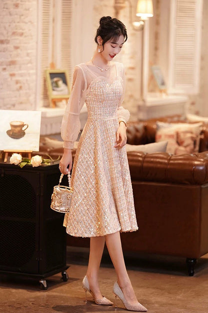 Champagne Long Sleeve Party Dress, Beautiful Knee/Tea Length Prom Dress