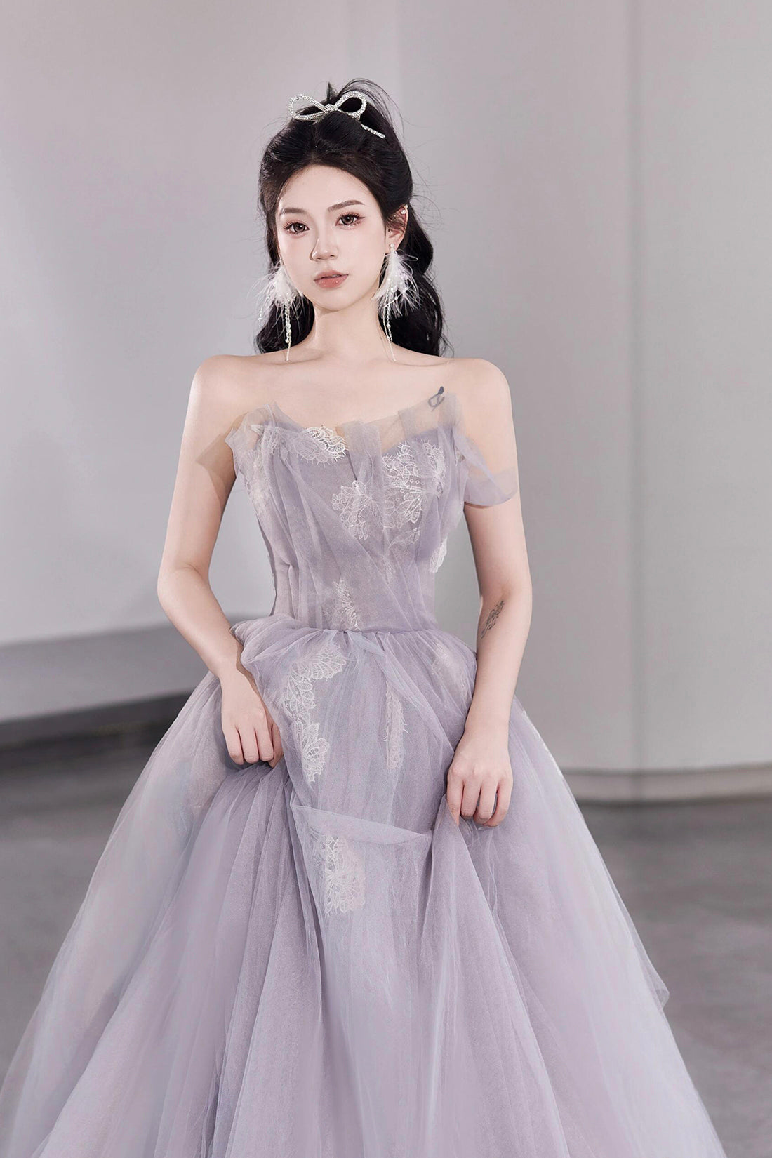 Light Purple Tulle Lace Long Prom Dress, Beautiful Strapless Evening Party Dress