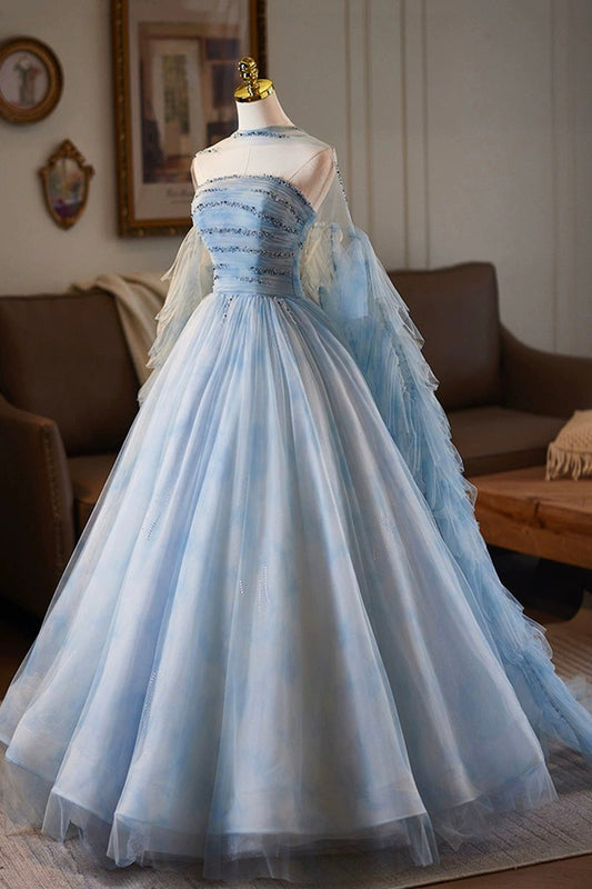 Blue Tulle Printed Pattern Long Prom Dress, Beautiful A-Line Party Dress with Cape