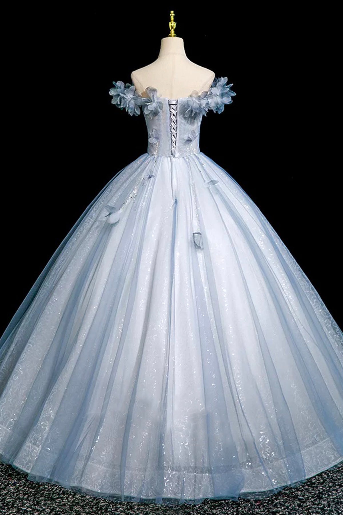 Blue Tulle Sequins Long Prom Dress, A-Line Off the Shoulder Party Dress