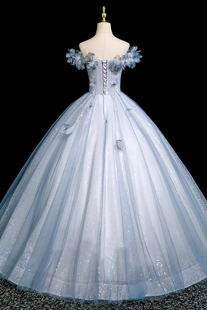 Blue Tulle Sequins Long Prom Dress, A-Line Off the Shoulder Party Dress