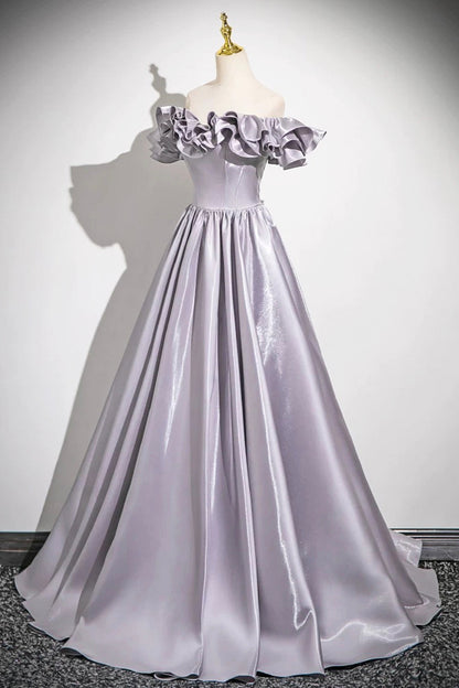 Lovely Satin Floor Length Prom Dress, Purple A-Line Off Shoulder Evening Dress