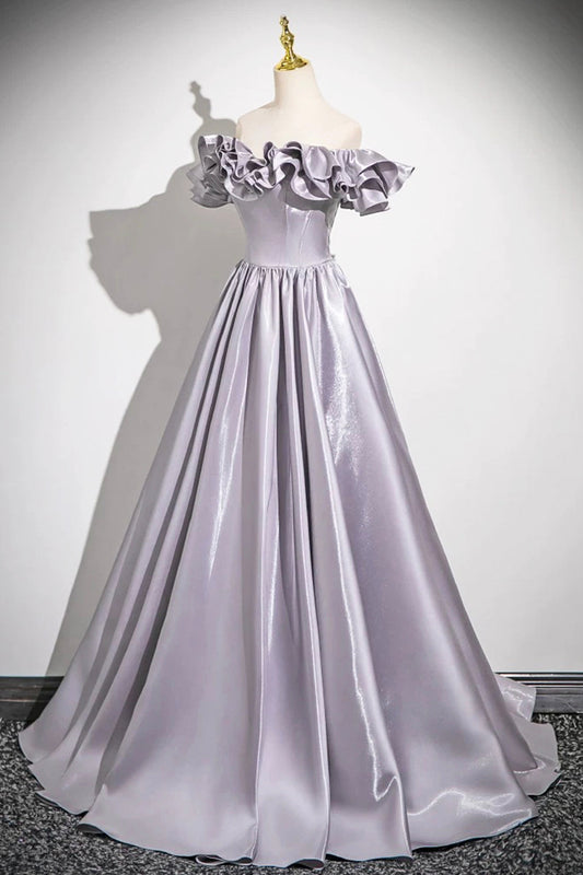 Lovely Satin Floor Length Prom Dress, Purple A-Line Off Shoulder Evening Dress