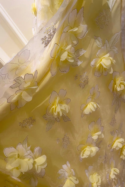Yellow Tulle Flowers Teal Length Prom Dress, Lovely A-Line Party Dress