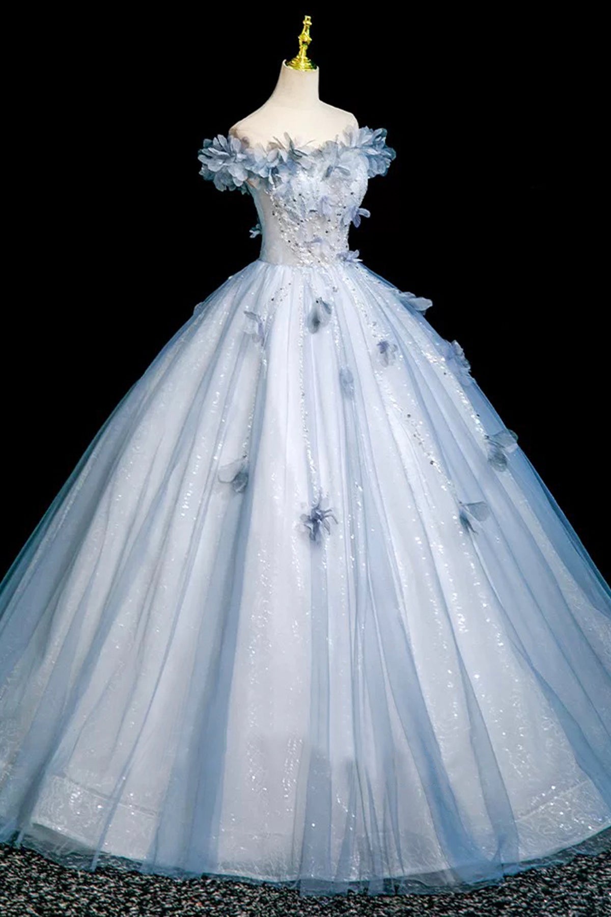 Blue Tulle Sequins Long Prom Dress, A-Line Off the Shoulder Party Dress