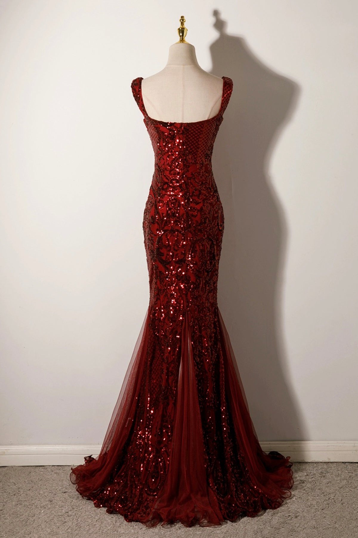 Mermaid Sequins Long Prom Dress, Burgundy Backless Evening Party Dress