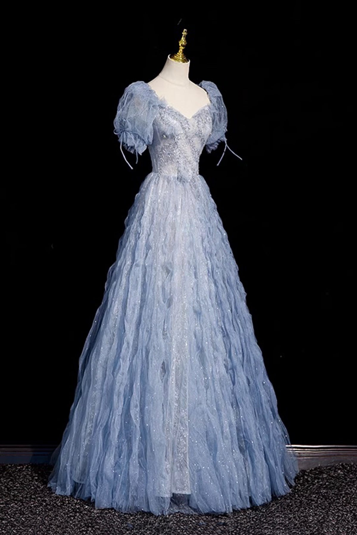 Blue Tulle Beads Long Prom Dress, A-Line Short Sleeve Evening Party Dress