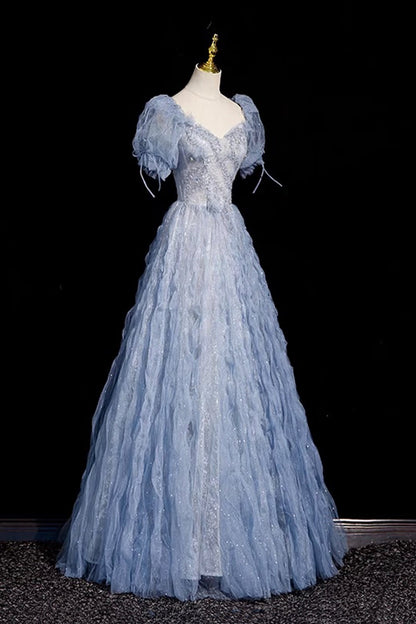 Blue Tulle Beads Long Prom Dress, A-Line Short Sleeve Evening Party Dress