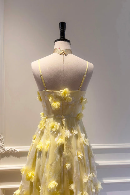 Yellow Tulle Flowers Teal Length Prom Dress, Lovely A-Line Party Dress