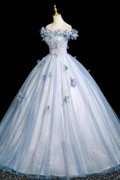 Blue Tulle Sequins Long Prom Dress, A-Line Off the Shoulder Party Dress