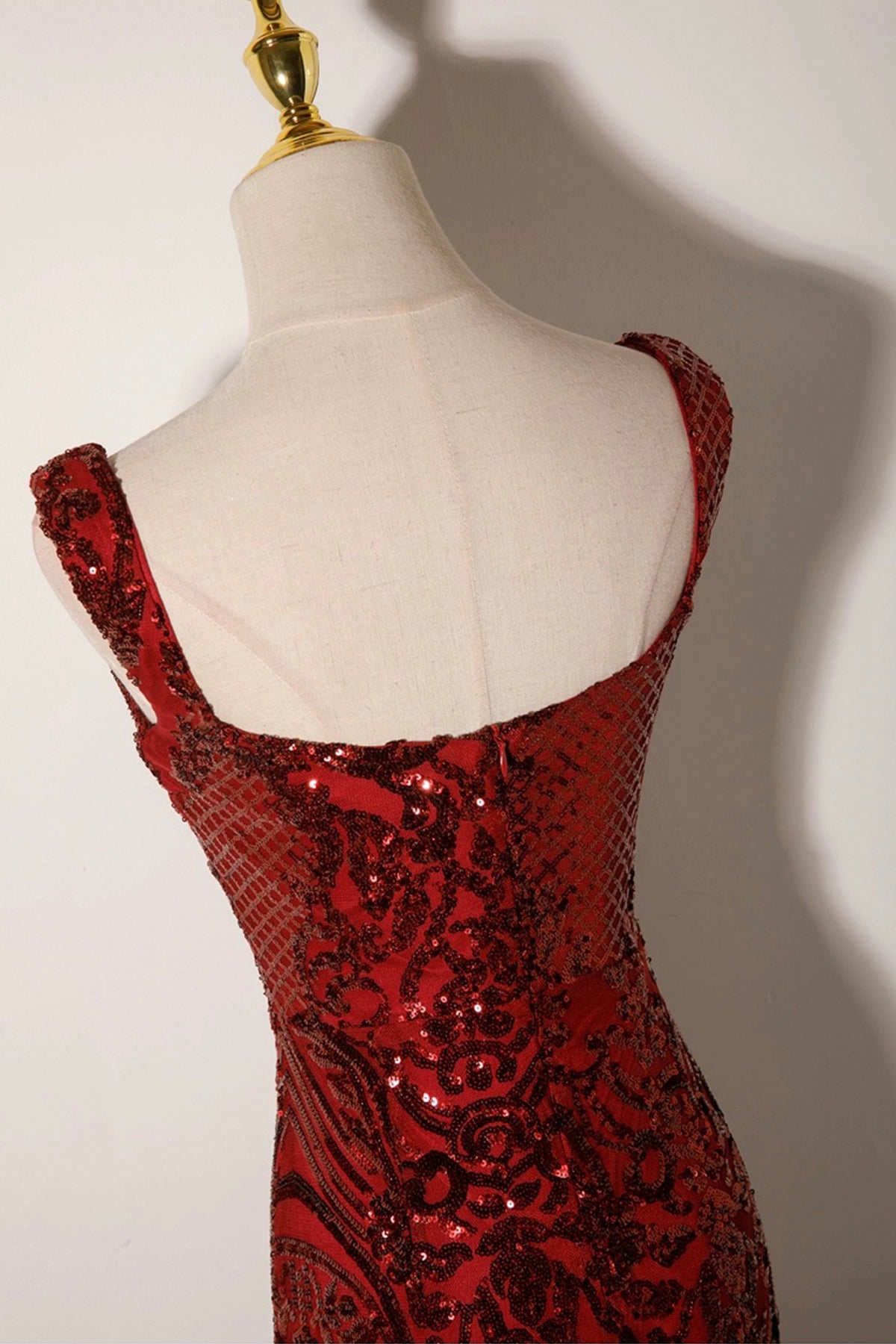 Mermaid Sequins Long Prom Dress, Burgundy Backless Evening Party Dress