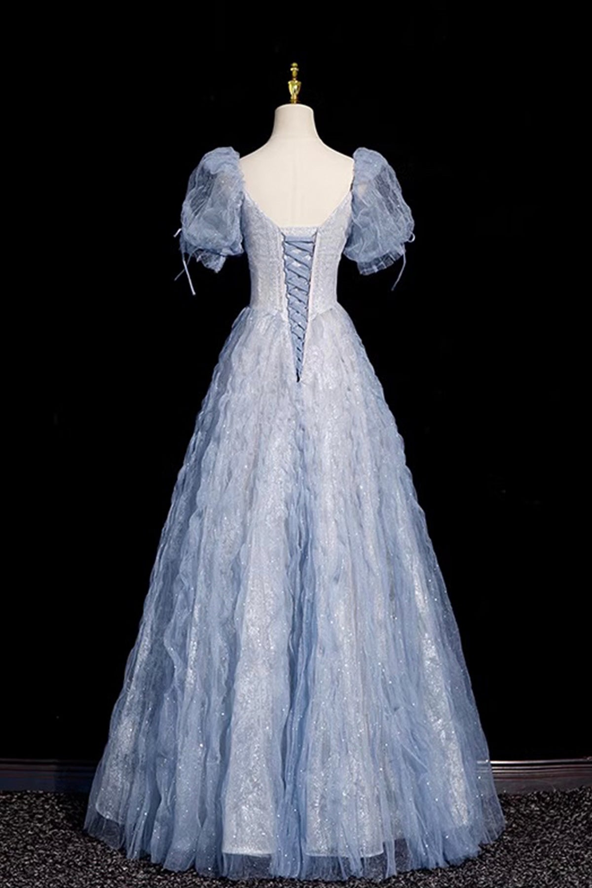Blue Tulle Beads Long Prom Dress, A-Line Short Sleeve Evening Party Dress