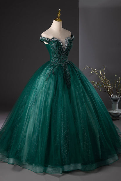 Green Tulle Beads Long Prom Dress, Elegant Off Shoulder Party Formal Dress