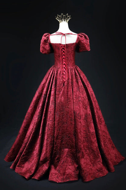 Burgundy Printed Long A-Line Prom Dress, A-Line Short Sleeve Formal Evening Dress