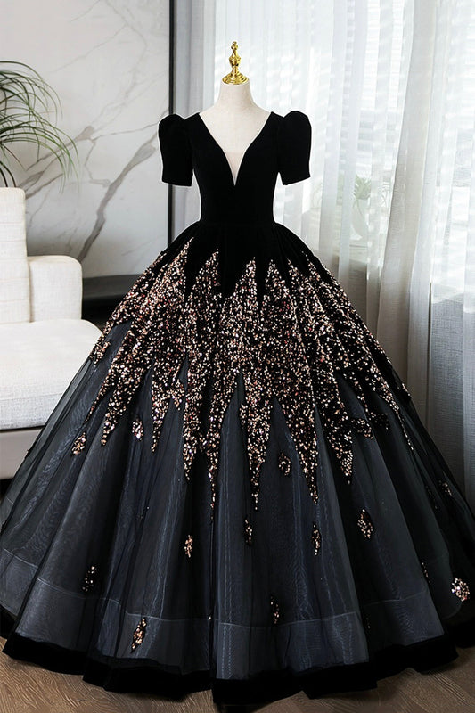 Elegant V-Neck Velvet and Sequins Floor Length Prom Dress, Black Short Sleeve Formal Dress