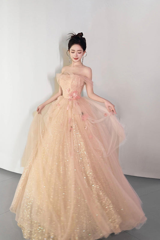 Champagne Tulle Sequins Long Prom Dress, Beautiful Off the Shoulder Party Dress