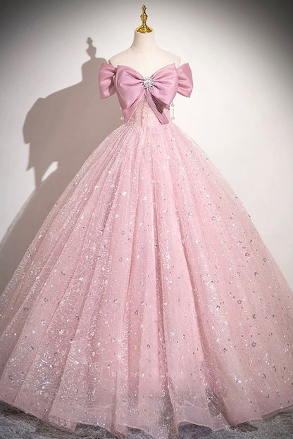 Pink Tulle Sequins Long A-Line Prom Dress, Pink Off Shoulder Evening Dress