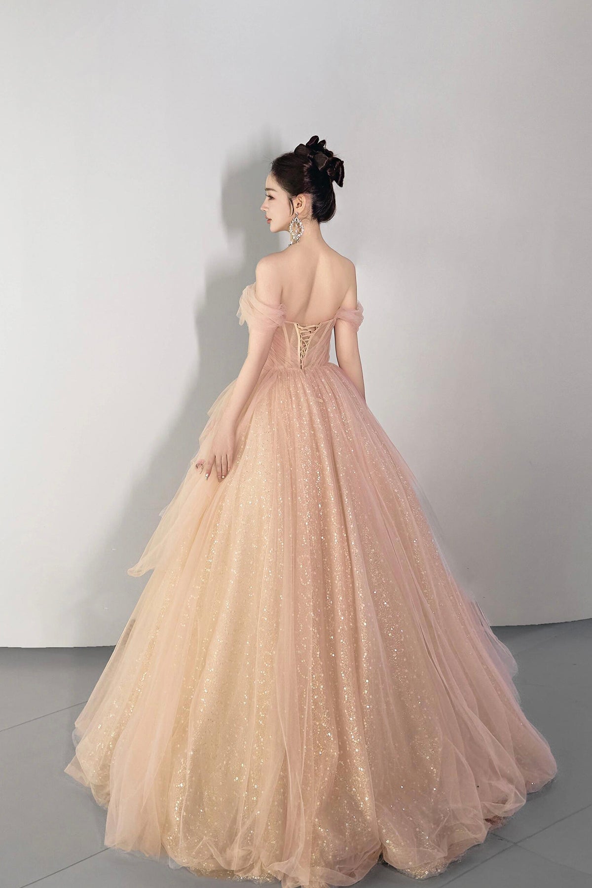 Champagne Tulle Sequins Long Prom Dress, Beautiful Off the Shoulder Party Dress