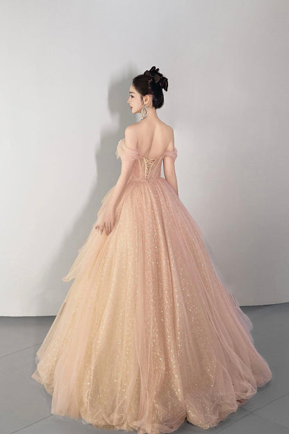 Champagne Tulle Sequins Long Prom Dress, Beautiful Off the Shoulder Party Dress