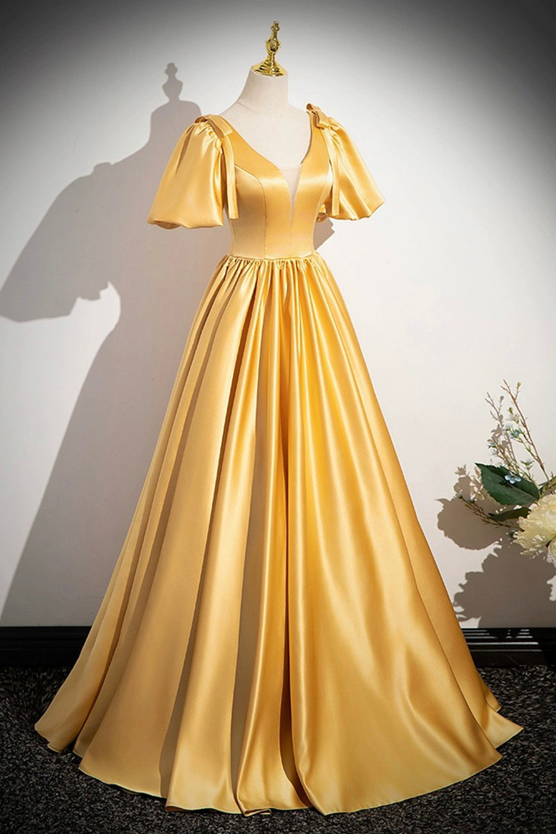 Yellow V-Neck Satin Long Prom Dress, Yellow A-Line Short Sleeve Evening Dress