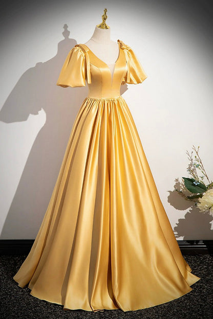 Yellow V-Neck Satin Long Prom Dress, Yellow A-Line Short Sleeve Evening Dress