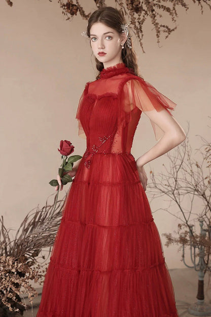 Lovely Tulle Beaded Floor Length Prom Dress, Beautiful Dark Red A-Line Evening Dress