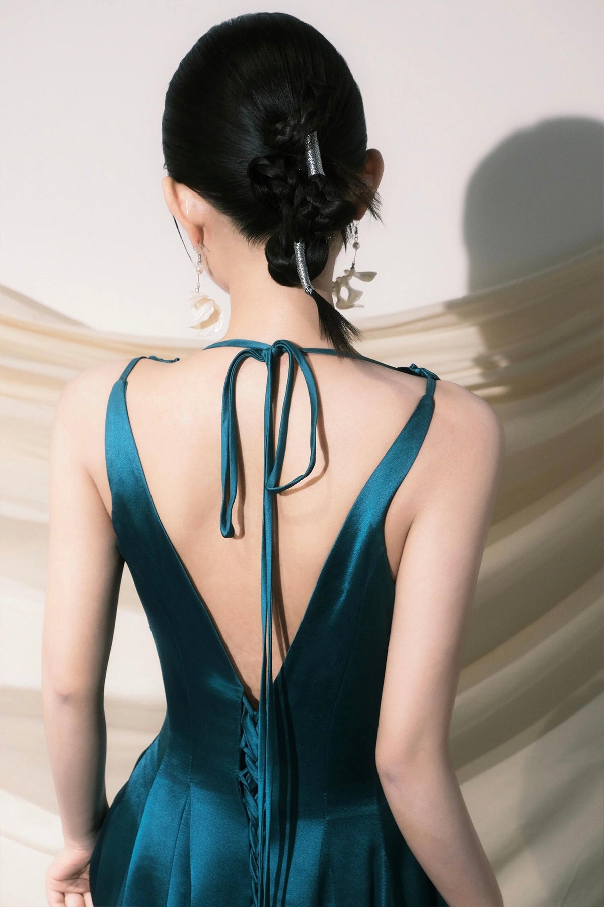 Elegant V-neck Satin Long Prom Dress, Blue A-Line Evening Party Dress