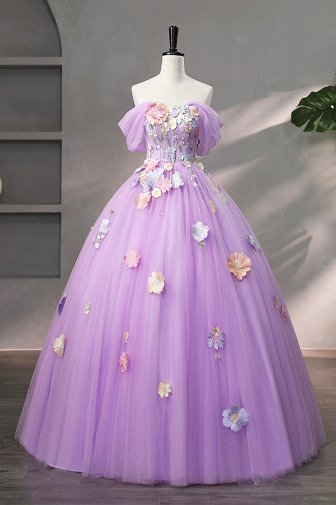 Purple Tulle Lace Long Prom Dress with Lace, Beautiful Off the Shoulder Evening Dress