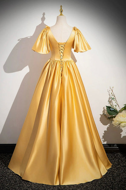 Yellow V-Neck Satin Long Prom Dress, Yellow A-Line Short Sleeve Evening Dress
