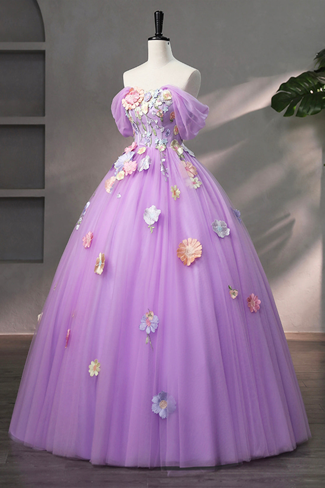 Purple Tulle Lace Long Prom Dress with Lace, Beautiful Off the Shoulder Evening Dress