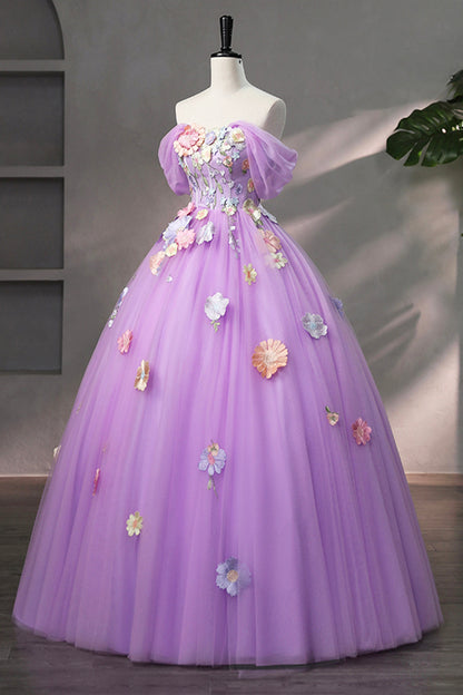 Purple Tulle Lace Long Prom Dress with Lace, Beautiful Off the Shoulder Evening Dress