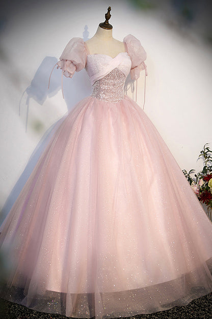 Pink Tulle Sequins Long Prom Dress, Lovely A-Line Short Sleeve Evening Party Dress