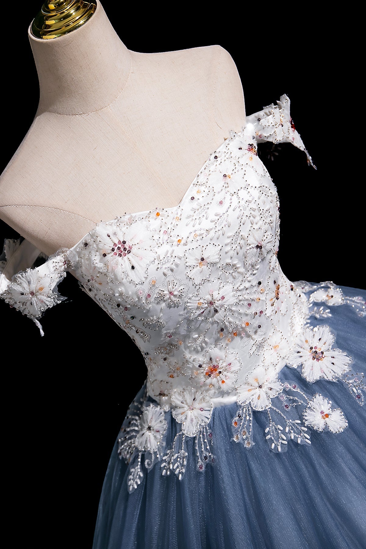 A-Line Floral Tulle Long Prom Dress, Beautiful White and Blue Party Dress