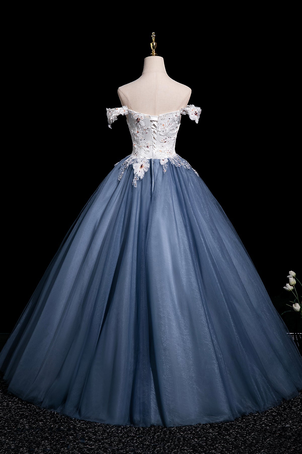 A-Line Floral Tulle Long Prom Dress, Beautiful White and Blue Party Dress