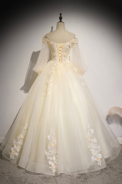 Champagne Tulle Lace Floor Length Prom Dress, Off Shoulder Long Sleeve Evening Dress