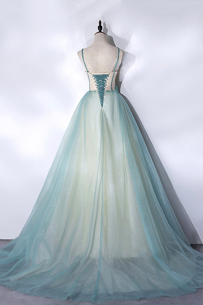 Green Tulle Long A-Line Prom Dress, Green Spaghetti Straps Graduation Dress