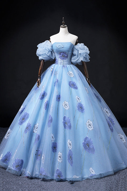 Beautiful Floral Tulle Long Prom Dress, Blue Short Sleeve Evening Dress