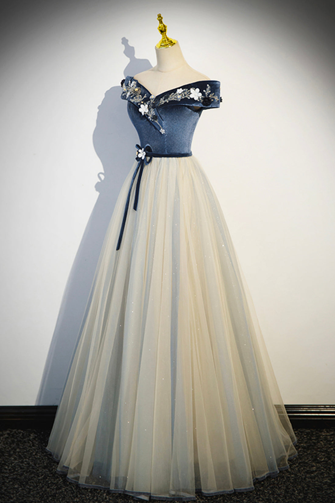 Blue Beading Appliques V-Neck Floor Length Prom Dress, Off the Shoulder Princess A-Line Formal Dress