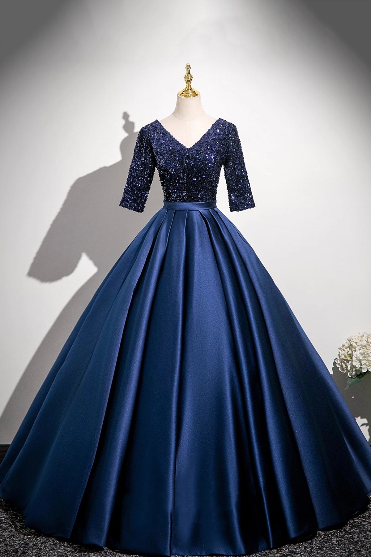 Navy Satin Sequins Long Prom Dress, V-Neck 1/2 Sleeve Evening Party Dress