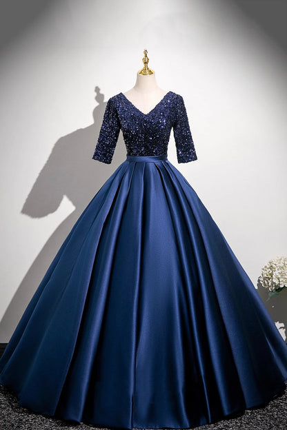 Navy Satin Sequins Long Prom Dress, V-Neck 1/2 Sleeve Evening Party Dress