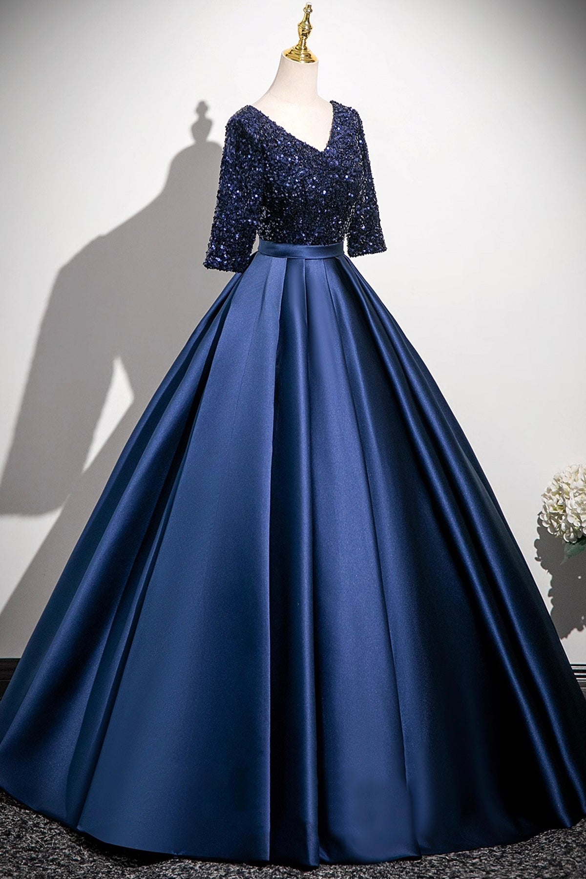 Navy Satin Sequins Long Prom Dress, V-Neck 1/2 Sleeve Evening Party Dress