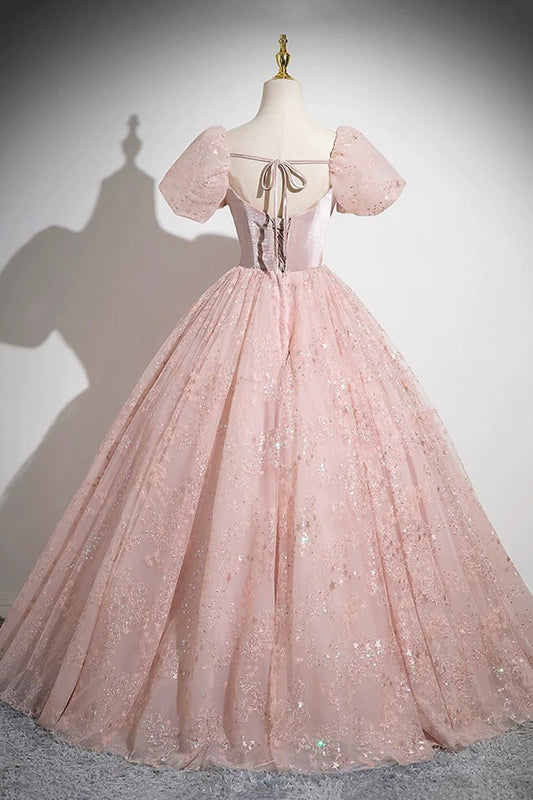 Pink Tulle Sequins Long Prom Dress, Beautiful A-Line Party Dress